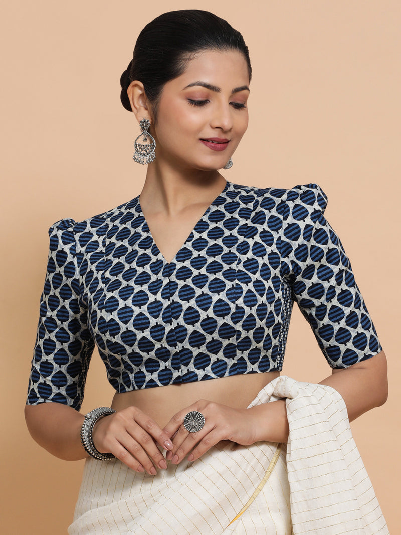 Payal x Rozaana | Elbow Sleeves Cotton Saree Blouse in Indigo Blue Leaf Block Print Fabric-Binks