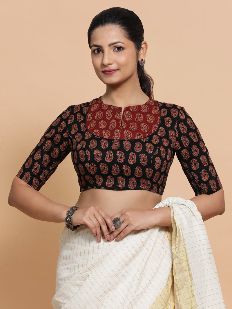 Pihu x Rozaana | Elbow Sleeves Cotton Saree Blouse in Black Mango Block Print Fabric-Binks