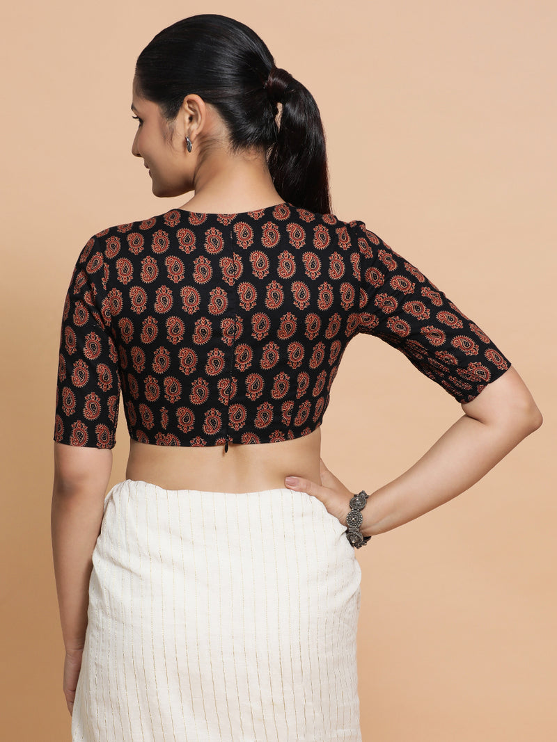 Pihu x Rozaana | Elbow Sleeves Cotton Saree Blouse in Black Mango Block Print Fabric-Binks