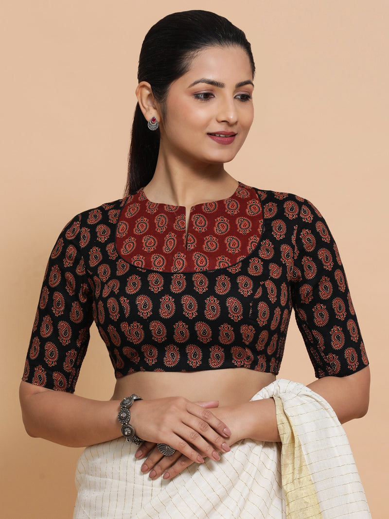 Pihu x Rozaana | Elbow Sleeves Cotton Saree Blouse in Black Mango Block Print Fabric-Binks