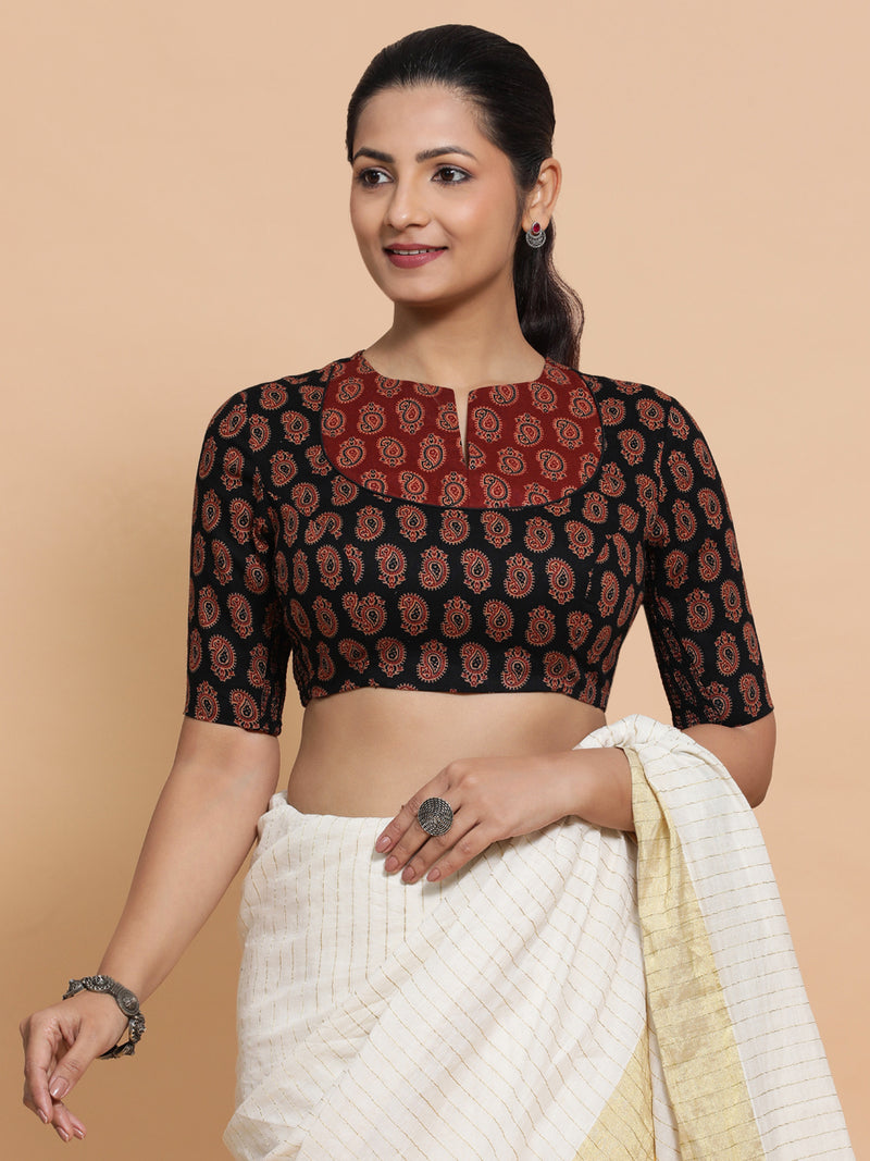 Pihu x Rozaana | Elbow Sleeves Cotton Saree Blouse in Black Mango Block Print Fabric-Binks