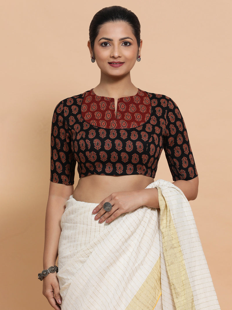 Pihu x Rozaana | Elbow Sleeves Cotton Saree Blouse in Black Mango Block Print Fabric-Binks