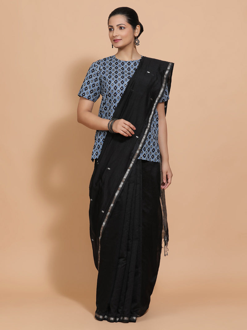 Pooja x Rozaana | Short Sleeves Cotton Saree Blouse in Indigo Blue Geometric Block Print Fabric-Binks