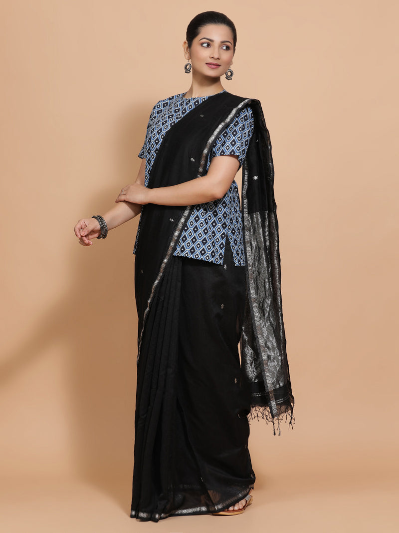 Pooja x Rozaana | Short Sleeves Cotton Saree Blouse in Indigo Blue Geometric Block Print Fabric-Binks