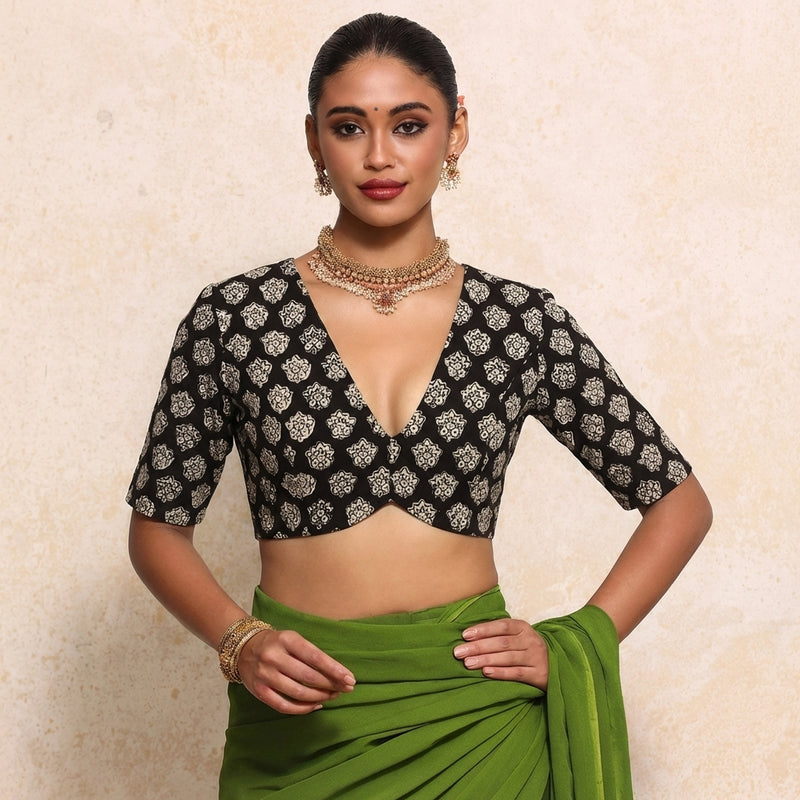Prabha x Rozaana Saree Blouse, in Black 100% Cotton - Block Printed, featuring elbow sleeves and v-neckline.