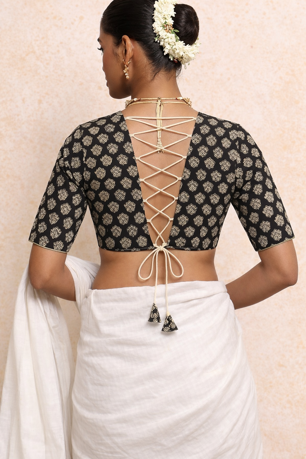 Prabha x Rozaana Saree Blouse, in Black 100% Cotton - Block Printed, featuring elbow sleeves and v-neckline (view 2).