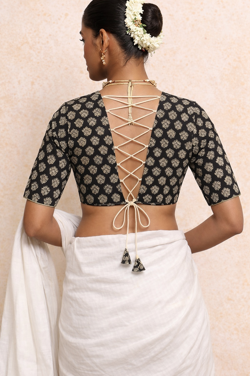 Prabha x Rozaana Saree Blouse, in Black 100% Cotton - Block Printed, featuring elbow sleeves and v-neckline (view 2).