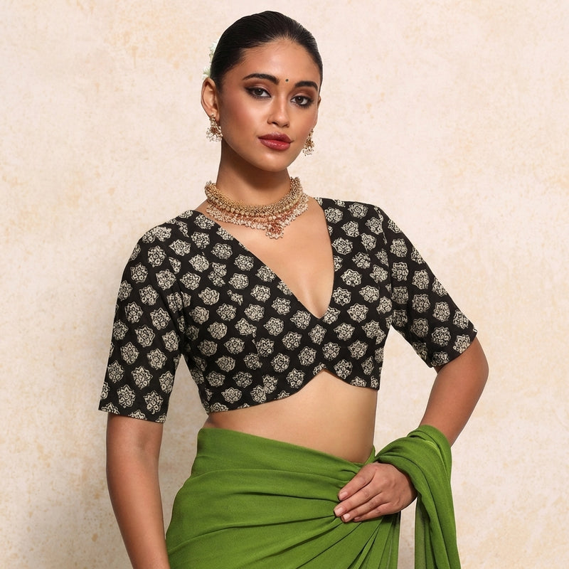 Prabha x Rozaana Saree Blouse, in Black 100% Cotton - Block Printed, featuring elbow sleeves and v-neckline (view 5).