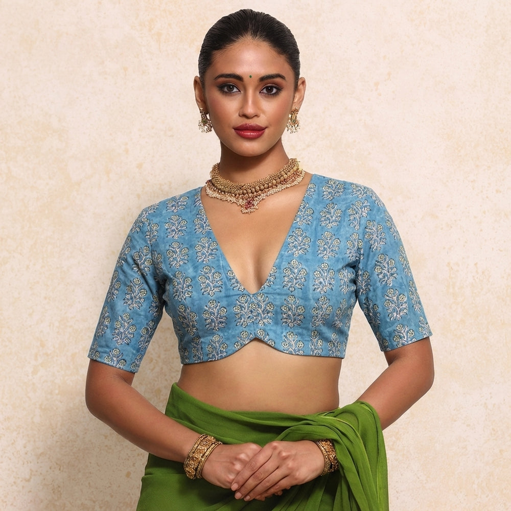 Prabha x Rozaana | Elbow Sleeves Blue Garden Block Print Cotton Saree Blouse