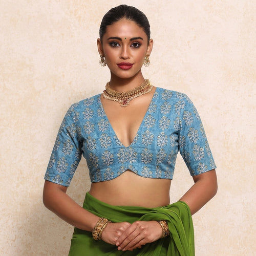 Prabha x Rozaana Saree Blouse, in Blue 100% Cotton - Block Printed, featuring elbow sleeves and v-neckline.