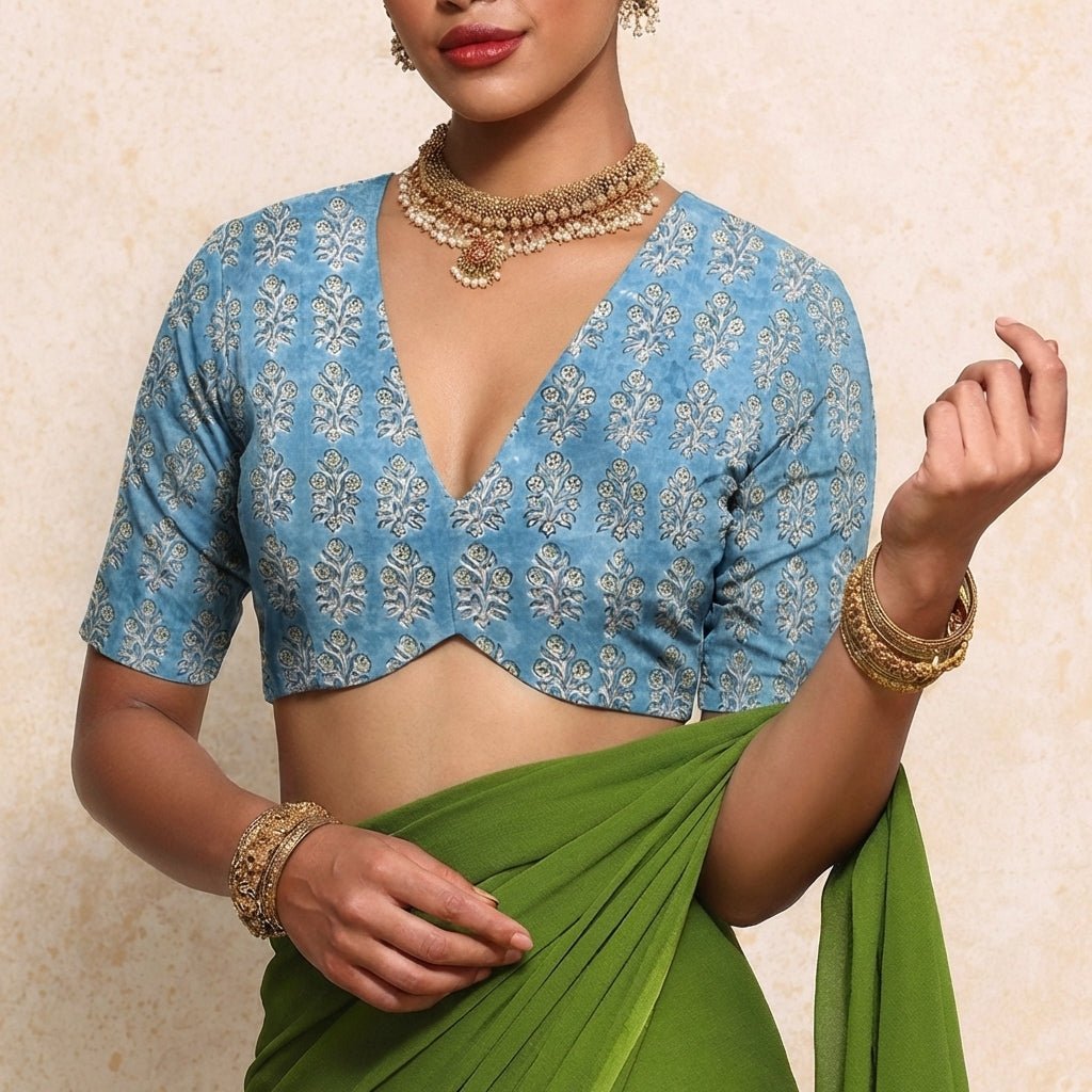 Prabha x Rozaana Saree Blouse, in Blue 100% Cotton - Block Printed, featuring elbow sleeves and v-neckline (view 3).