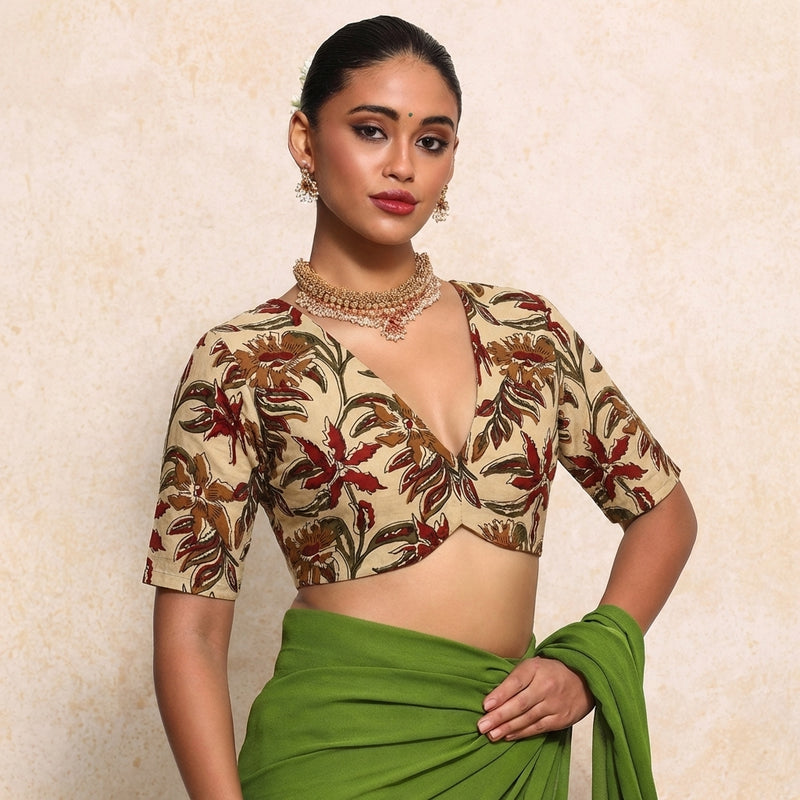 Prabha x Rozaana Saree Blouse, in Cream 100% Cotton - Block Printed, featuring elbow sleeves and v-neckline.