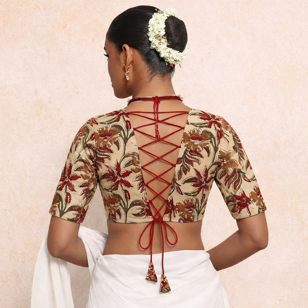 Prabha x Rozaana Saree Blouse, in Cream 100% Cotton - Block Printed, featuring elbow sleeves and v-neckline (view 2).