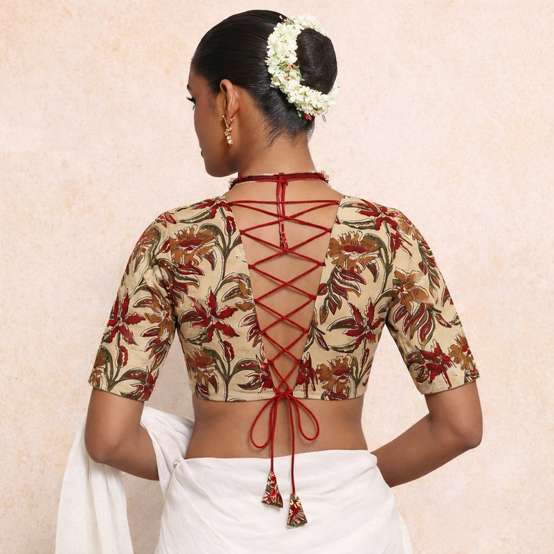 Prabha x Rozaana Saree Blouse, in Cream 100% Cotton - Block Printed, featuring elbow sleeves and v-neckline (view 2).