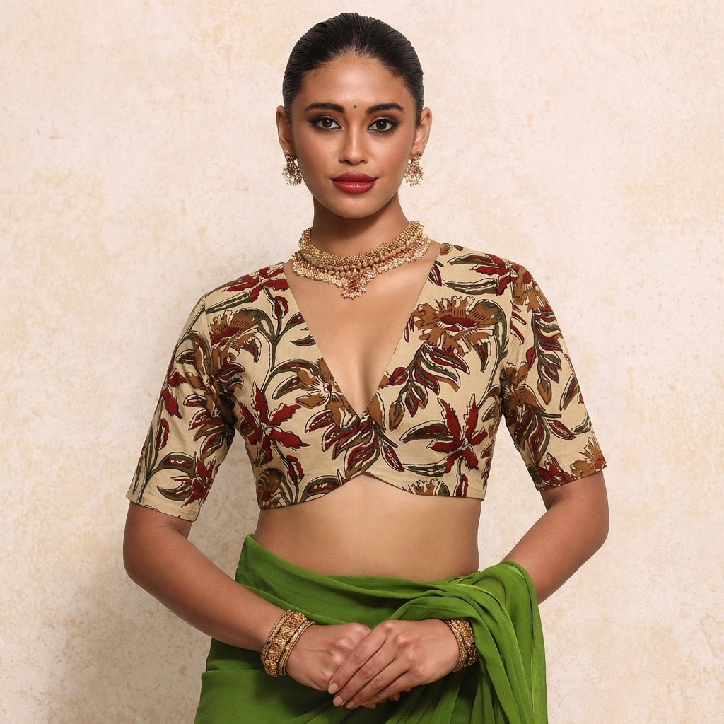 Prabha x Rozaana Saree Blouse, in Cream 100% Cotton - Block Printed, featuring elbow sleeves and v-neckline (view 5).