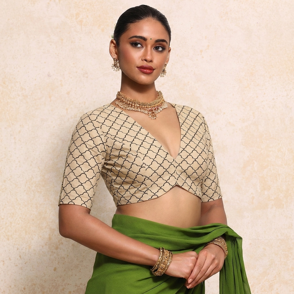 Prabha x Rozaana Saree Blouse, in Cream 100% Cotton - Block Printed, featuring elbow sleeves and v-neckline (view 5).