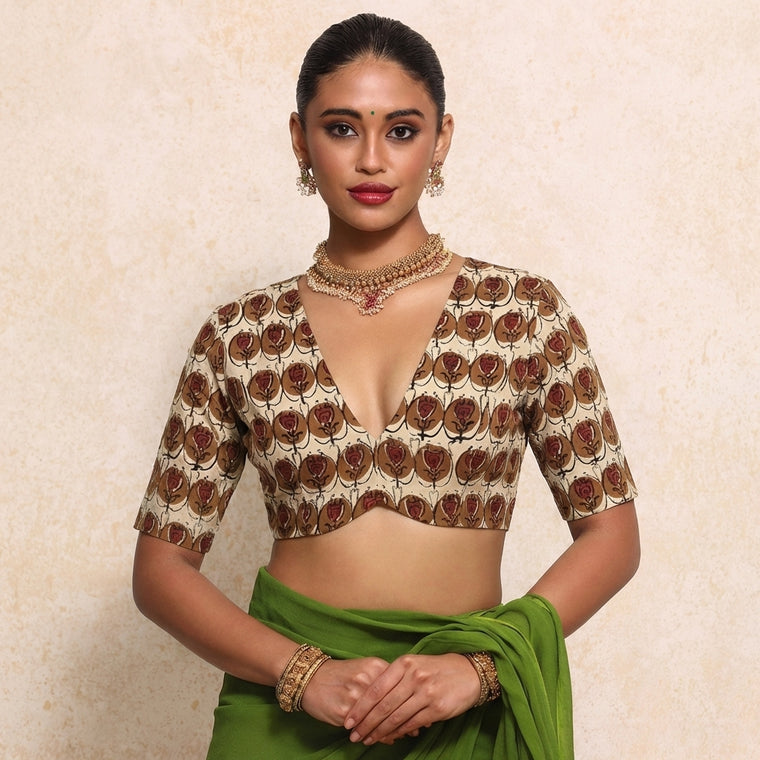Prabha x Rozaana Saree Blouse, in Cream 100% Cotton - Block Printed, featuring elbow sleeves and v-neckline.