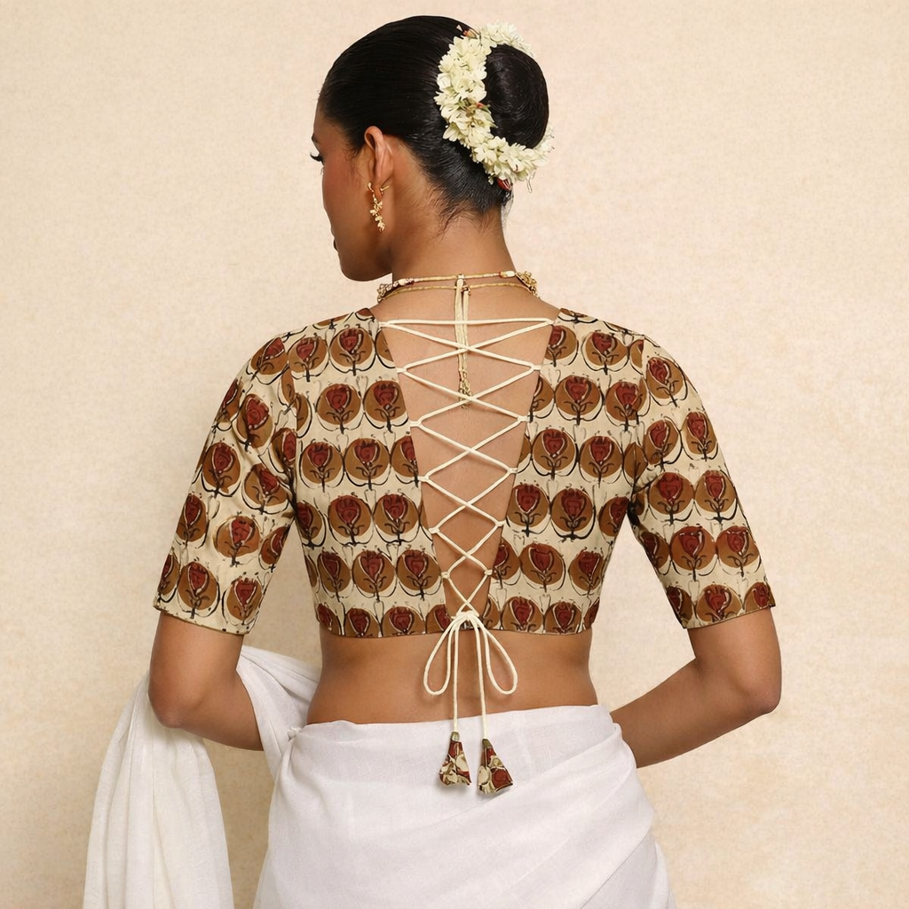 Prabha x Rozaana Saree Blouse, in Cream 100% Cotton - Block Printed, featuring elbow sleeves and v-neckline (view 2).