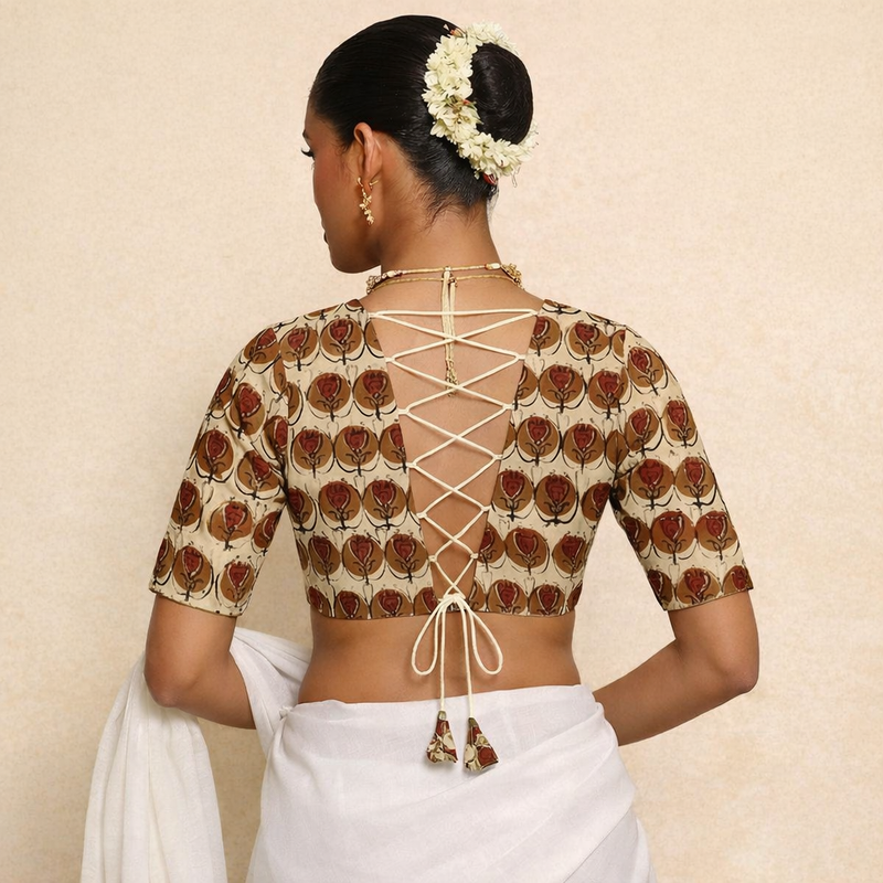 Prabha x Rozaana Saree Blouse, in Cream 100% Cotton - Block Printed, featuring elbow sleeves and v-neckline (view 2).