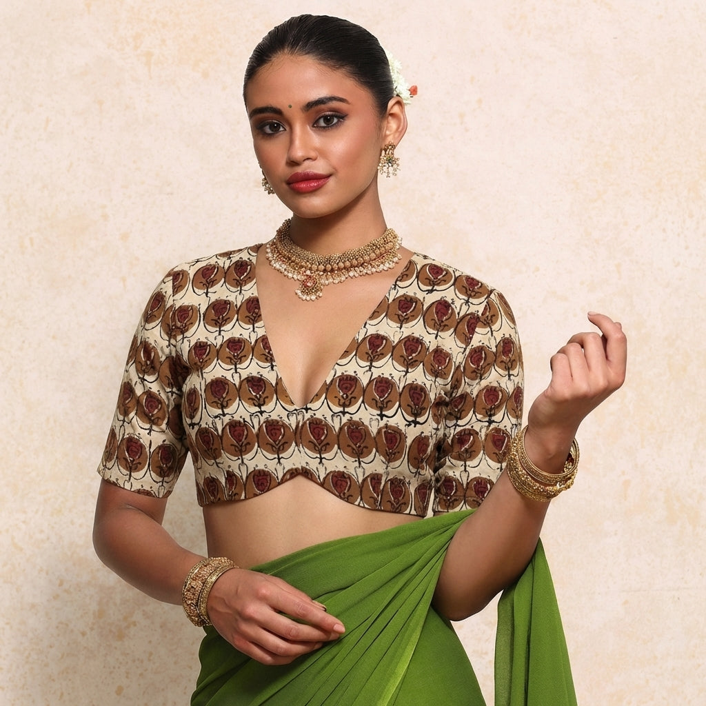 Prabha x Rozaana Saree Blouse, in Cream 100% Cotton - Block Printed, featuring elbow sleeves and v-neckline (view 5).