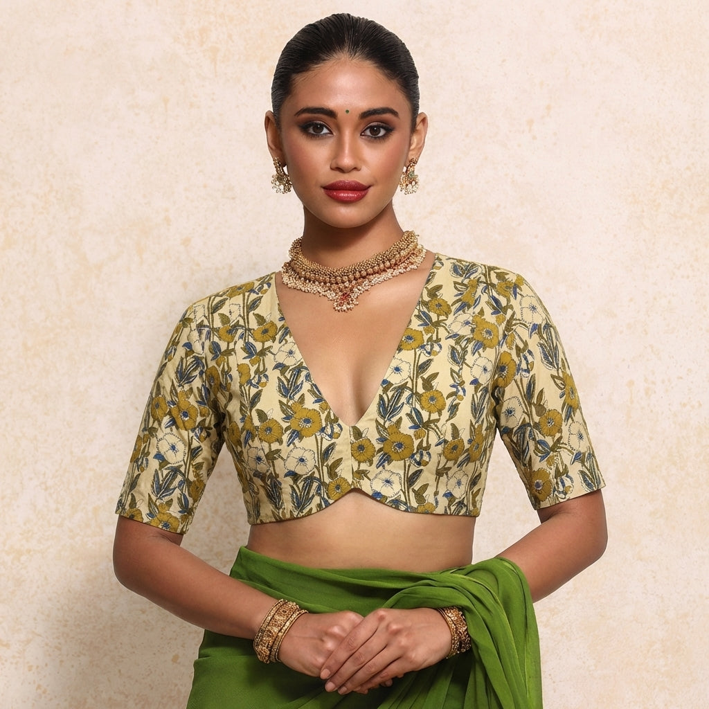 Prabha x Rozaana Saree Blouse, in Cream 100% Cotton - Block Printed, featuring elbow sleeves and v-neckline (view 5).