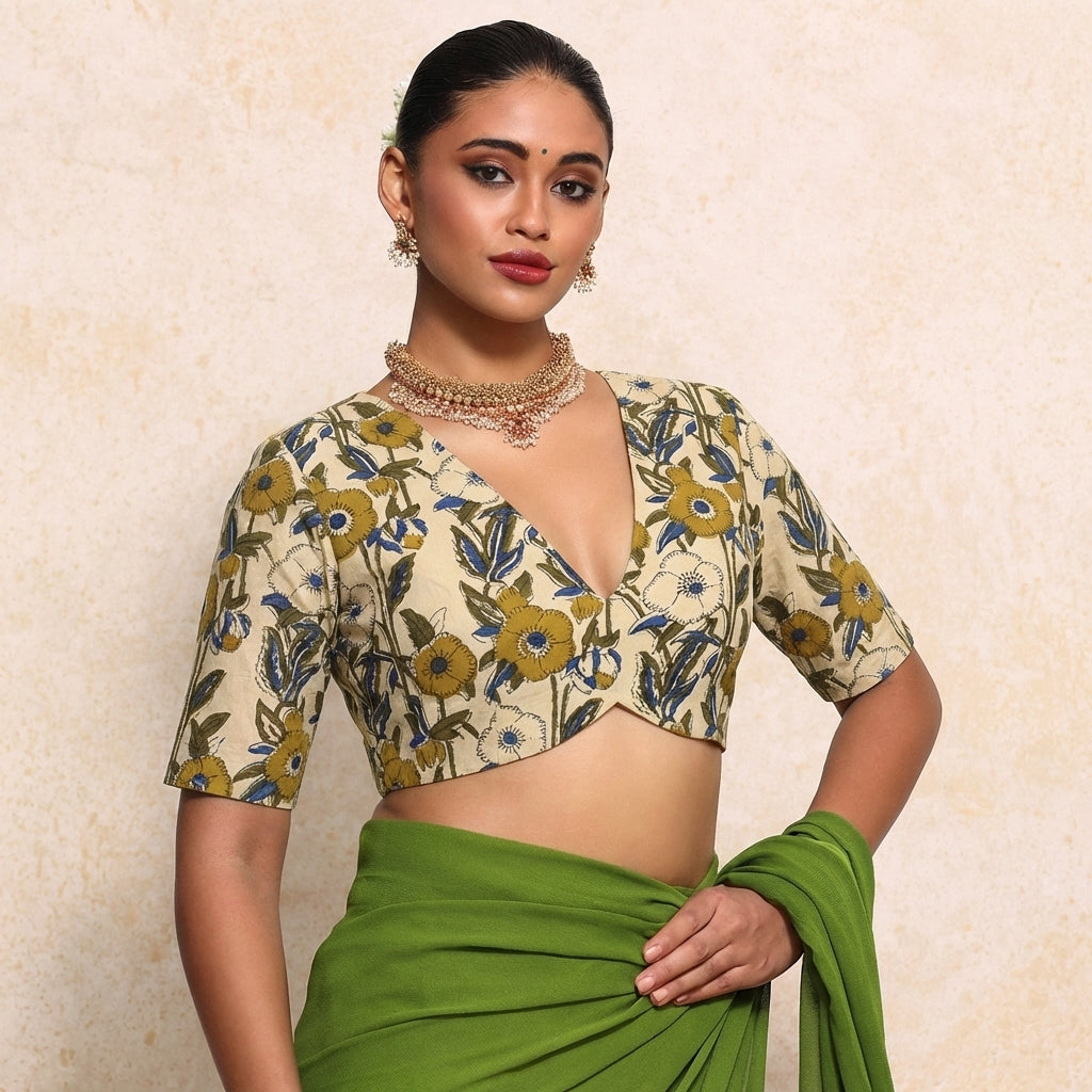 Prabha x Rozaana Saree Blouse, in Cream 100% Cotton - Block Printed, featuring elbow sleeves and v-neckline (view 7).
