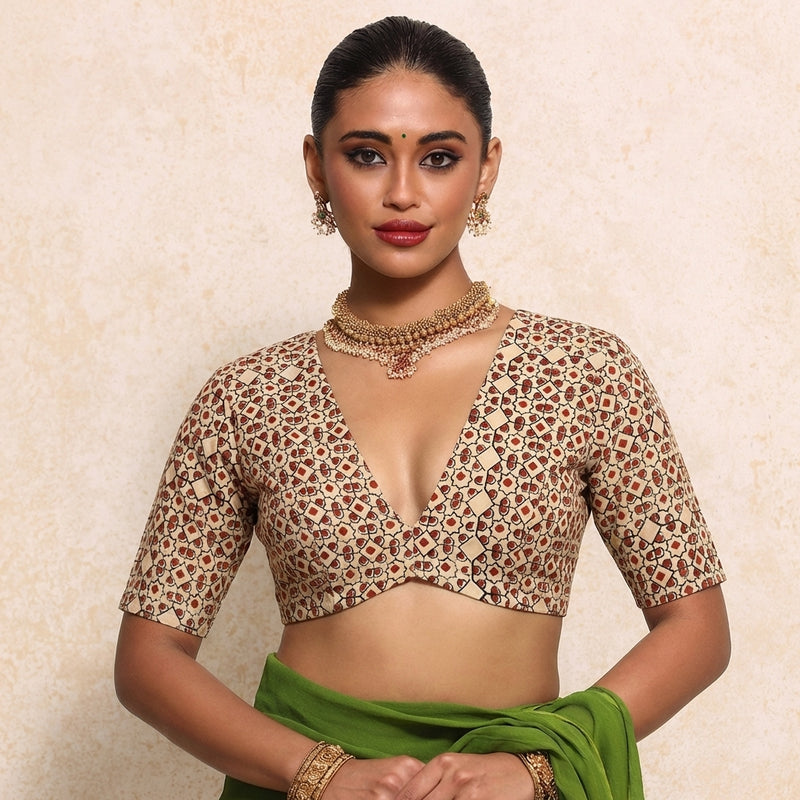 Prabha x Rozaana Saree Blouse, in Cream 100% Cotton - Block Printed, featuring elbow sleeves and v-neckline.