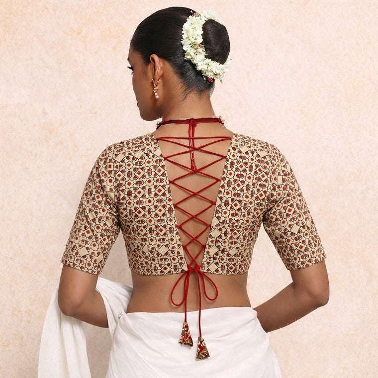 Prabha x Rozaana Saree Blouse, in Cream 100% Cotton - Block Printed, featuring elbow sleeves and v-neckline (view 2).