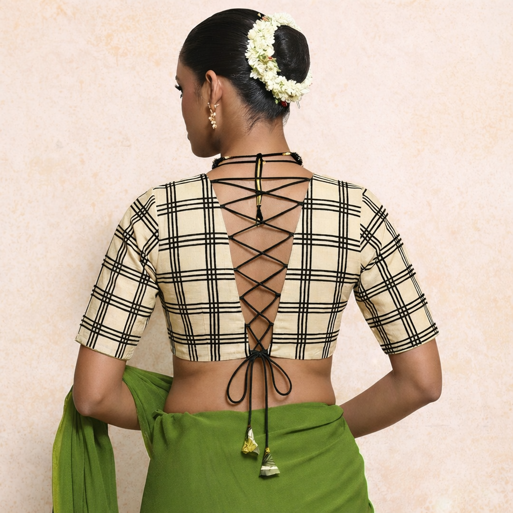 Prabha x Rozaana Saree Blouse, in Cream 100% Cotton - Block Printed, featuring elbow sleeves and v-neckline (view 2).