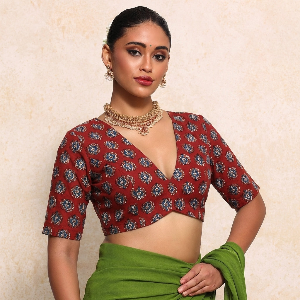 Prabha x Rozaana Saree Blouse, in Red 100% Cotton - Block Printed, featuring elbow sleeves and v-neckline.