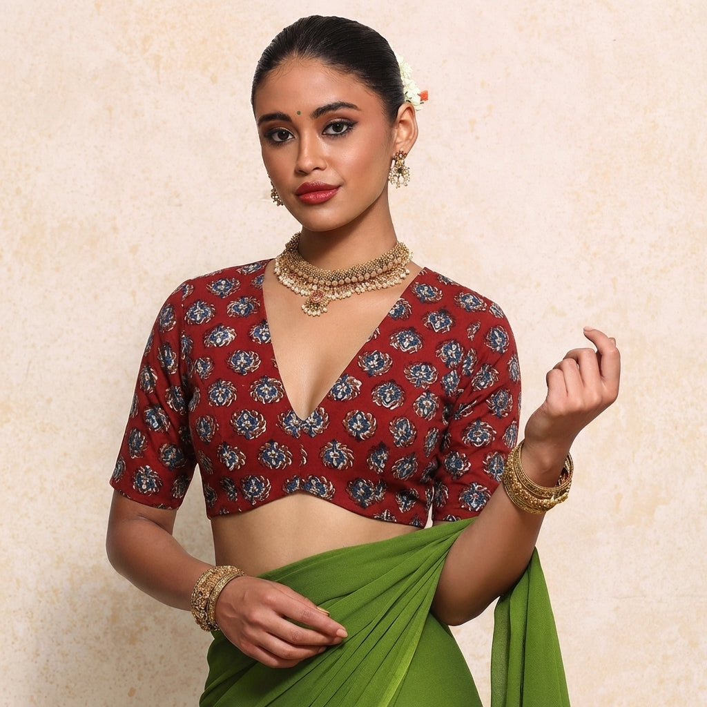 Prabha x Rozaana Saree Blouse, in Red 100% Cotton - Block Printed, featuring elbow sleeves and v-neckline (view 5).