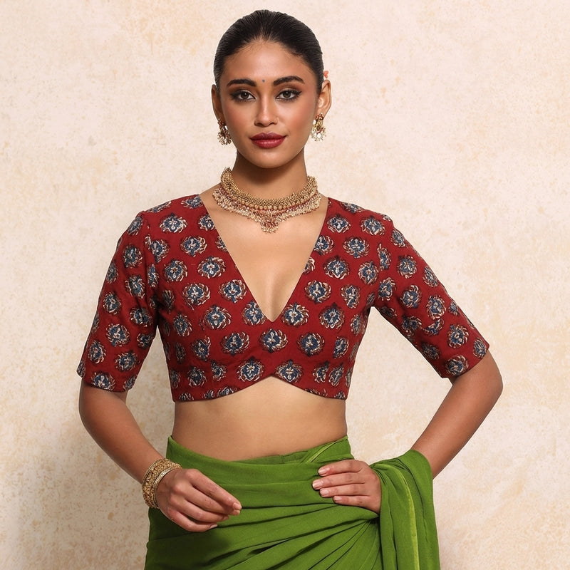 Prabha x Rozaana Saree Blouse, in Red 100% Cotton - Block Printed, featuring elbow sleeves and v-neckline (view 6).