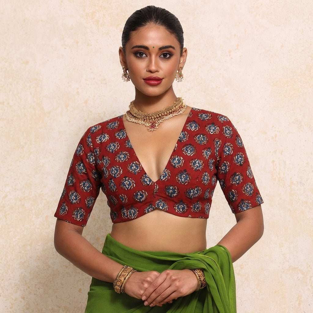Prabha x Rozaana Saree Blouse, in Red 100% Cotton - Block Printed, featuring elbow sleeves and v-neckline (view 7).