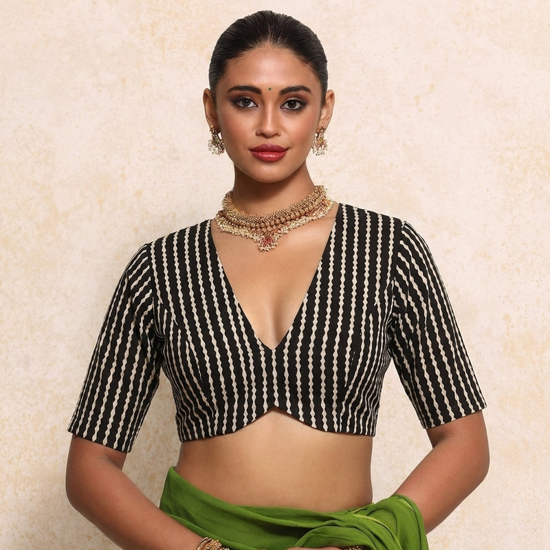Prabha x Rozaana Saree Blouse, in Black 100% Cotton - Block Printed, featuring elbow sleeves and v-neckline.