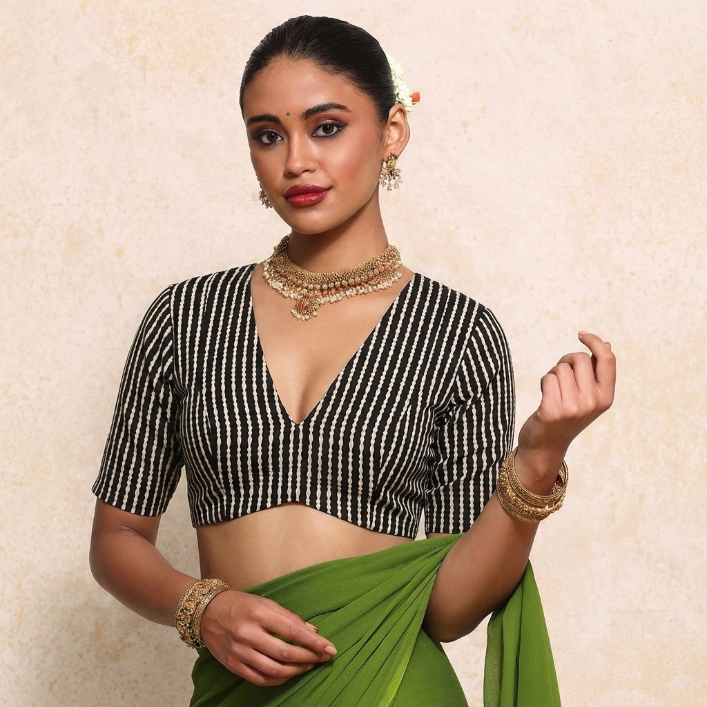 Prabha x Rozaana Saree Blouse, in Black 100% Cotton - Block Printed, featuring elbow sleeves and v-neckline (view 6).