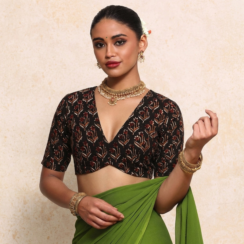 Prabha x Rozaana Saree Blouse, in Black 100% Cotton - Block Printed, featuring elbow sleeves and v-neckline.