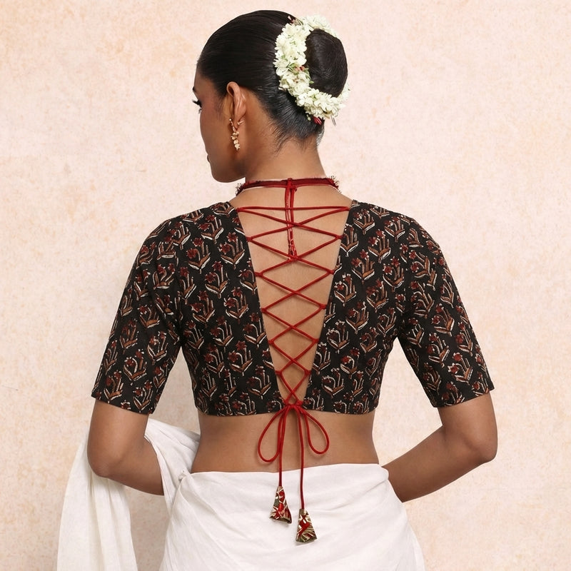 Prabha x Rozaana Saree Blouse, in Black 100% Cotton - Block Printed, featuring elbow sleeves and v-neckline (view 2).