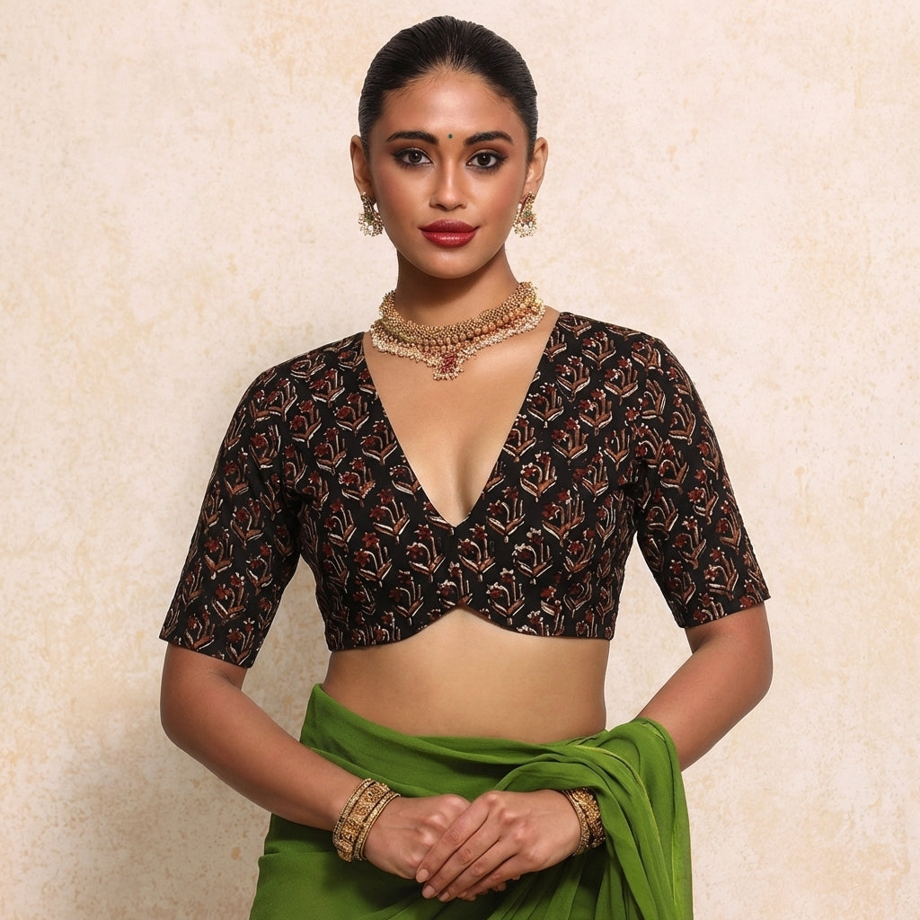 Prabha x Rozaana Saree Blouse, in Black 100% Cotton - Block Printed, featuring elbow sleeves and v-neckline (view 5).