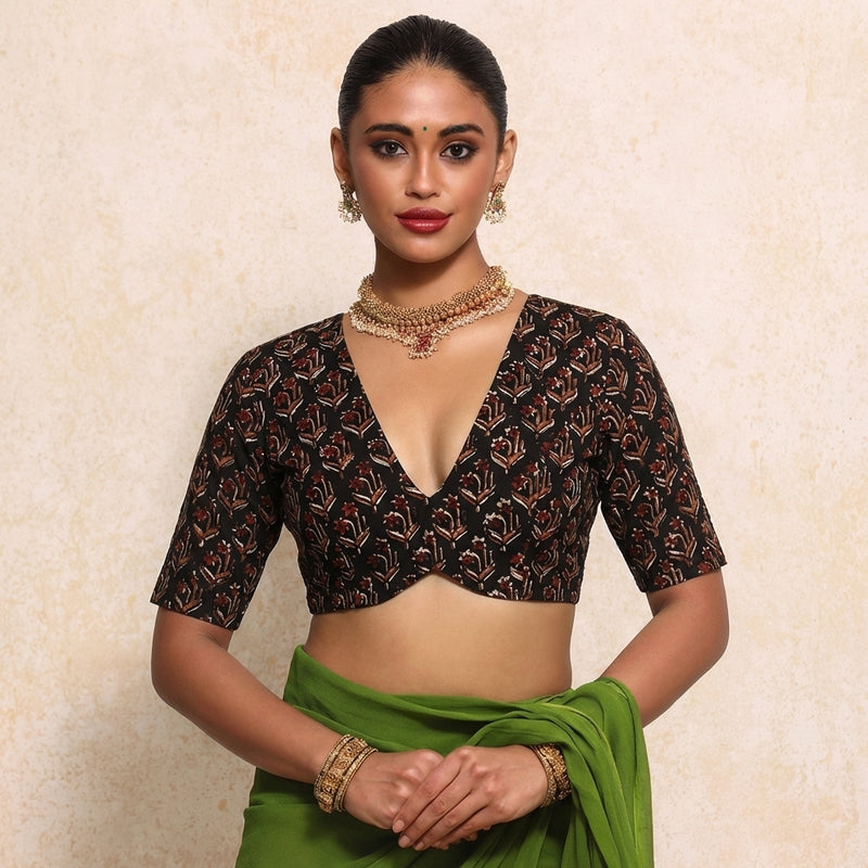 Prabha x Rozaana Saree Blouse, in Black 100% Cotton - Block Printed, featuring elbow sleeves and v-neckline (view 5).
