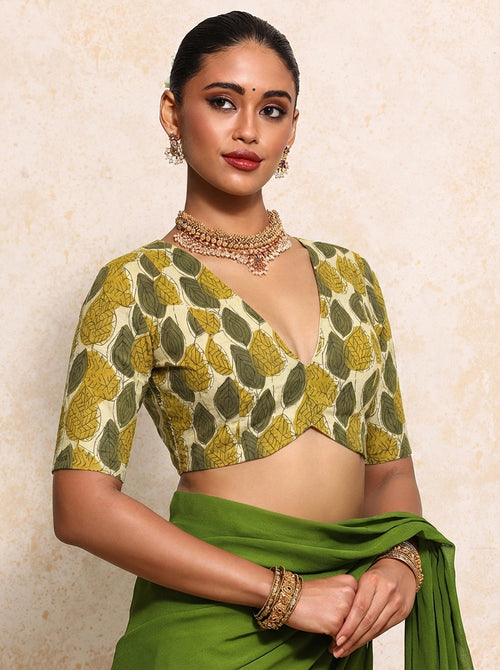 Prabha x Rozaana Saree Blouse, in Cream 100% Cotton - Block Printed, featuring elbow sleeves and v-neckline.