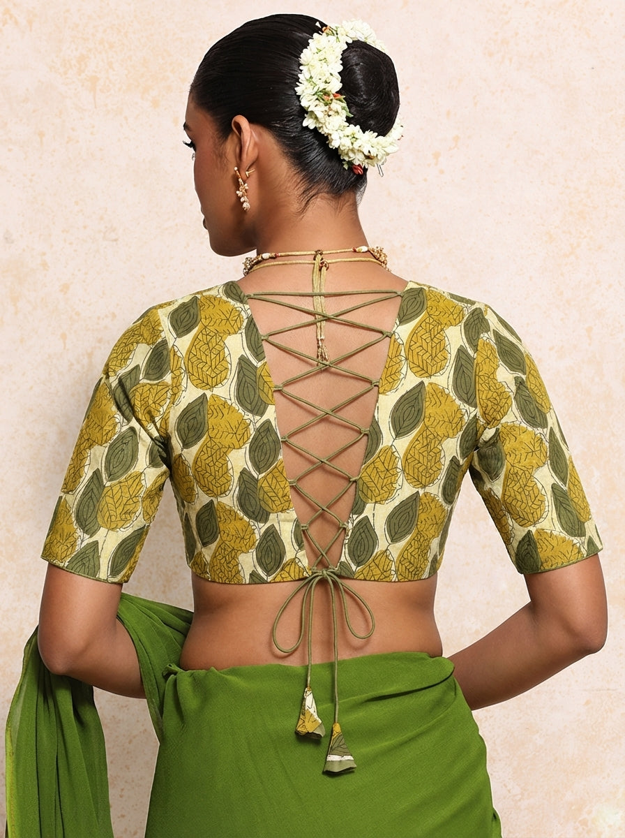 Prabha x Rozaana Saree Blouse, in Cream 100% Cotton - Block Printed, featuring elbow sleeves and v-neckline (view 2).