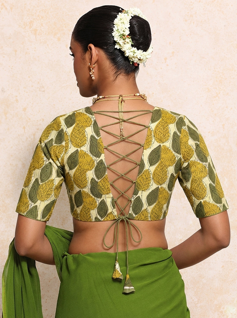 Prabha x Rozaana Saree Blouse, in Cream 100% Cotton - Block Printed, featuring elbow sleeves and v-neckline (view 2).