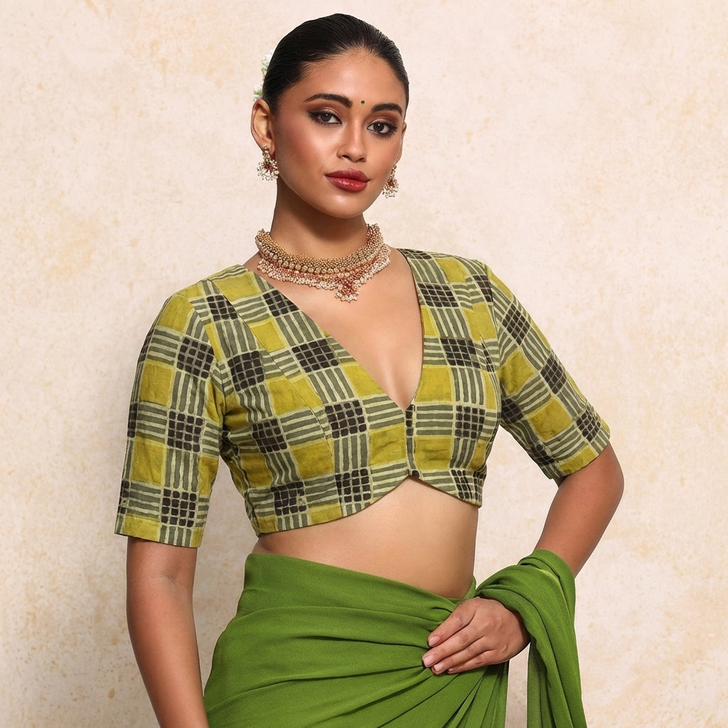 Prabha x Rozaana Saree Blouse, in Green 100% Cotton - Block Printed, featuring elbow sleeves and v-neckline.