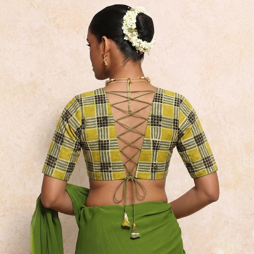 Prabha x Rozaana Saree Blouse, in Green 100% Cotton - Block Printed, featuring elbow sleeves and v-neckline (view 2).