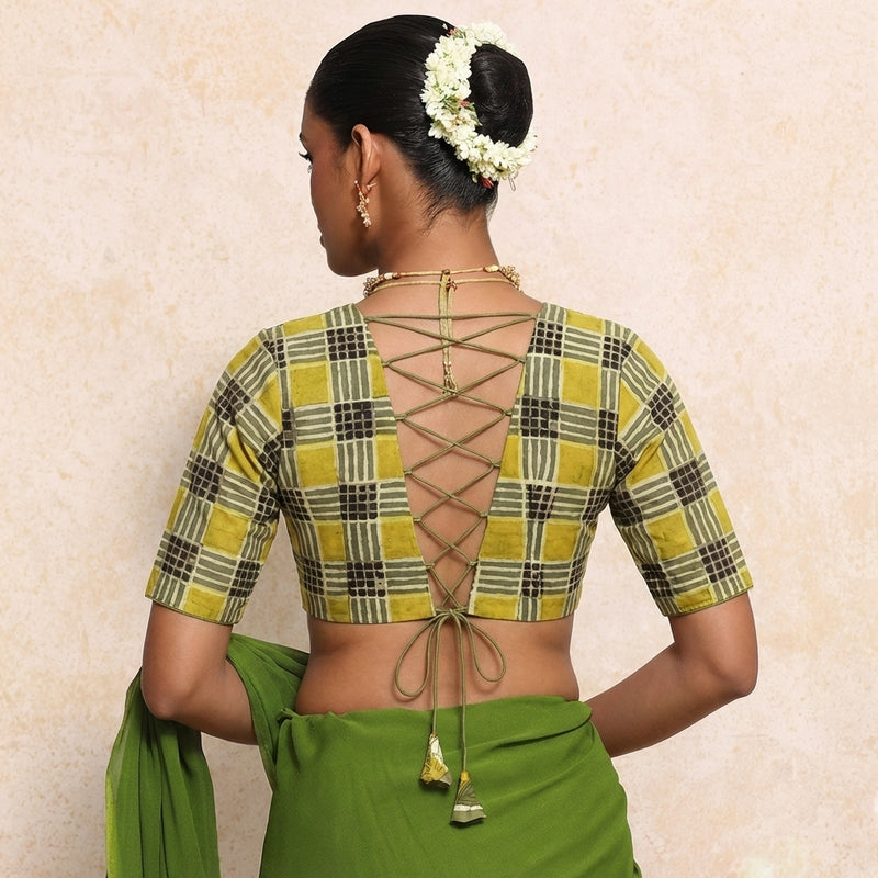Prabha x Rozaana Saree Blouse, in Green 100% Cotton - Block Printed, featuring elbow sleeves and v-neckline (view 2).