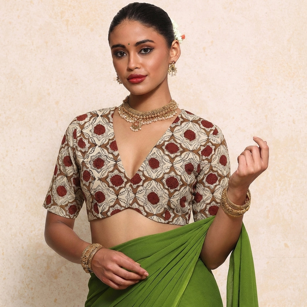 Prabha x Rozaana | Elbow Sleeves Red Dahlia Block Print Cotton Saree Blouse