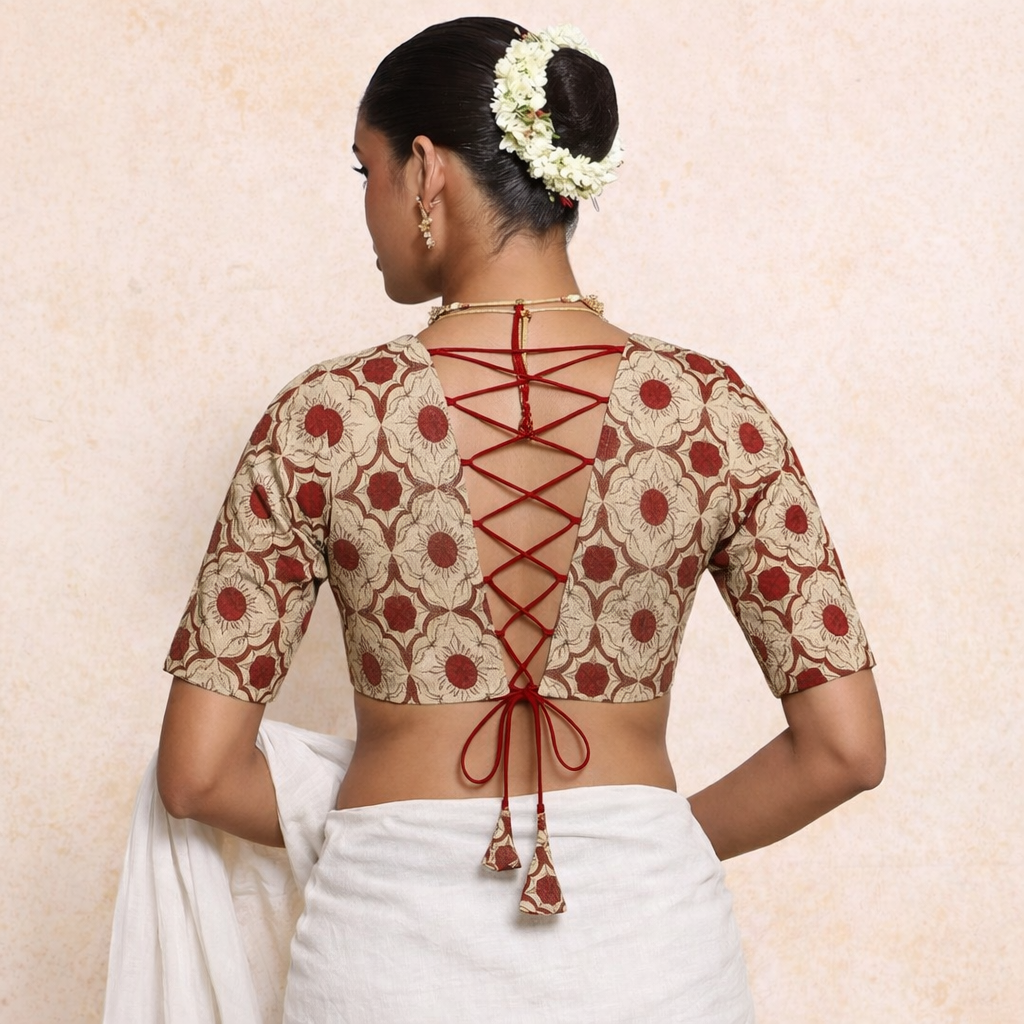Prabha x Rozaana Saree Blouse, in Cream 100% Cotton - Block Printed, featuring elbow sleeves and v-neckline (view 2).