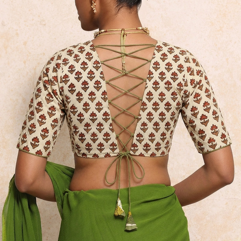 Prabha x Rozaana Saree Blouse, in Cream 100% Cotton - Block Printed, featuring elbow sleeves and v-neckline (view 2).