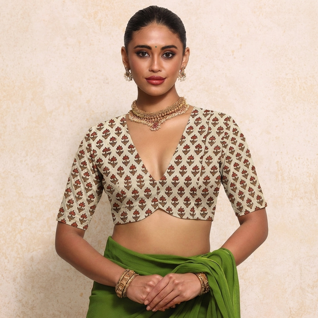 Prabha x Rozaana Saree Blouse, in Cream 100% Cotton - Block Printed, featuring elbow sleeves and v-neckline (view 5).