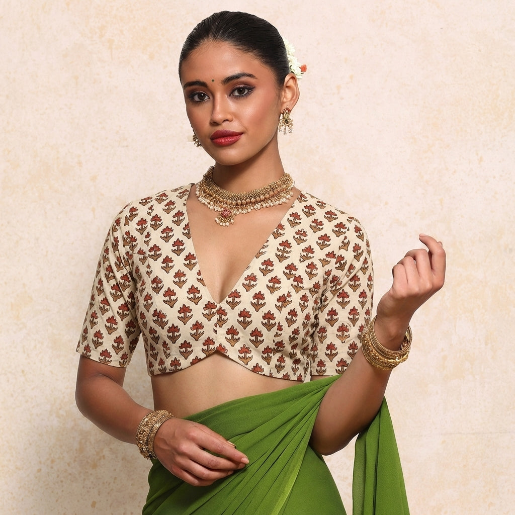 Prabha x Rozaana Saree Blouse, in Cream 100% Cotton - Block Printed, featuring elbow sleeves and v-neckline (view 6).